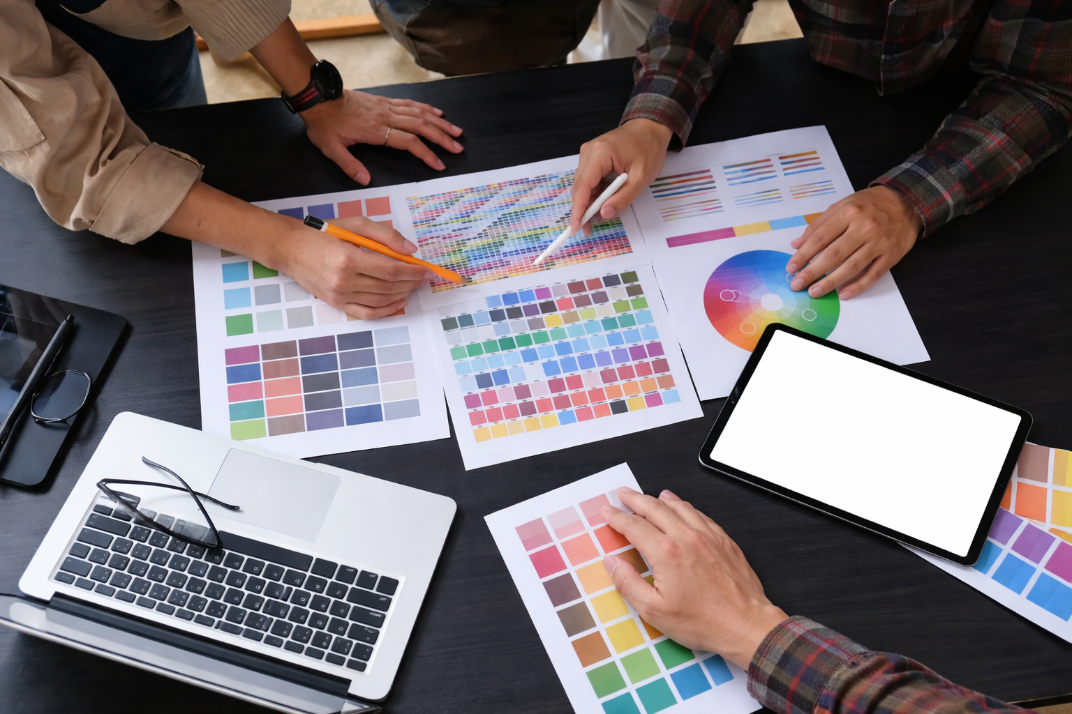 Team reviewing color samples and shade cards