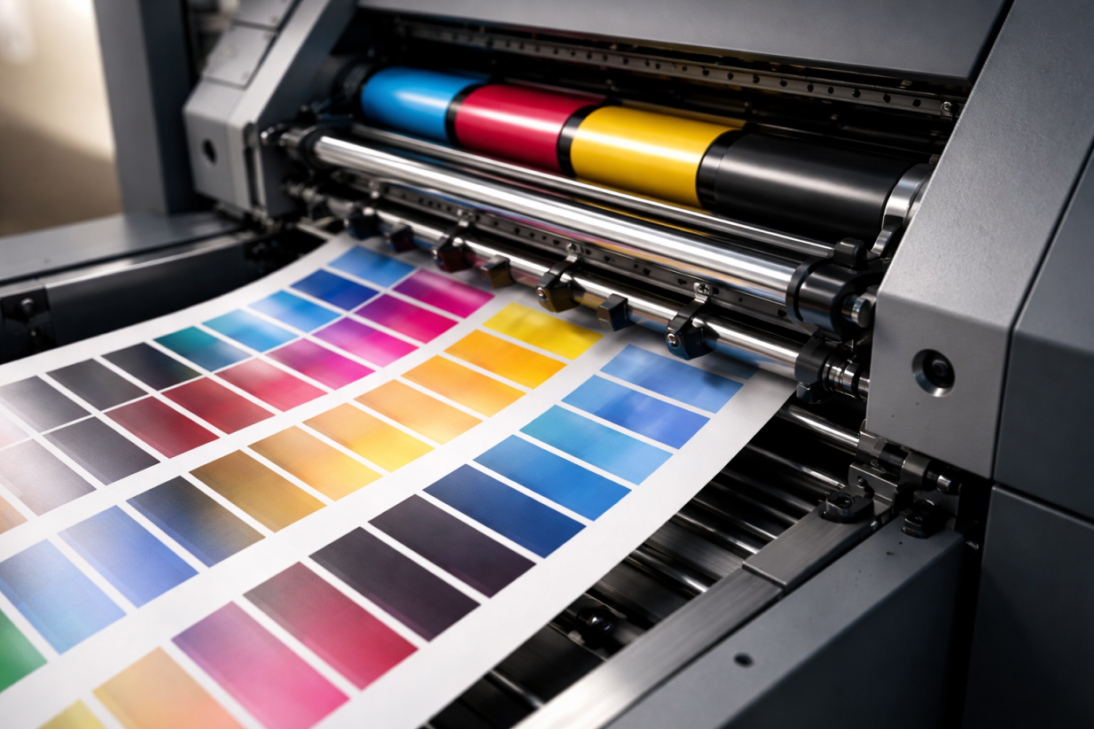 Industrial printing press with color swatches